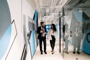 Branded office interior with environmental graphics and signage